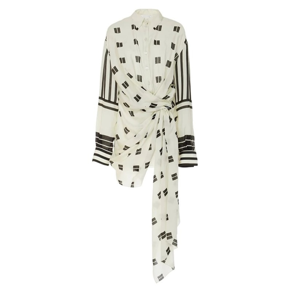 White + Black Runway Faux Wrap Stunning Asymmetrical Sash Tie Luxury Mini Dress - Picture 2 of 5